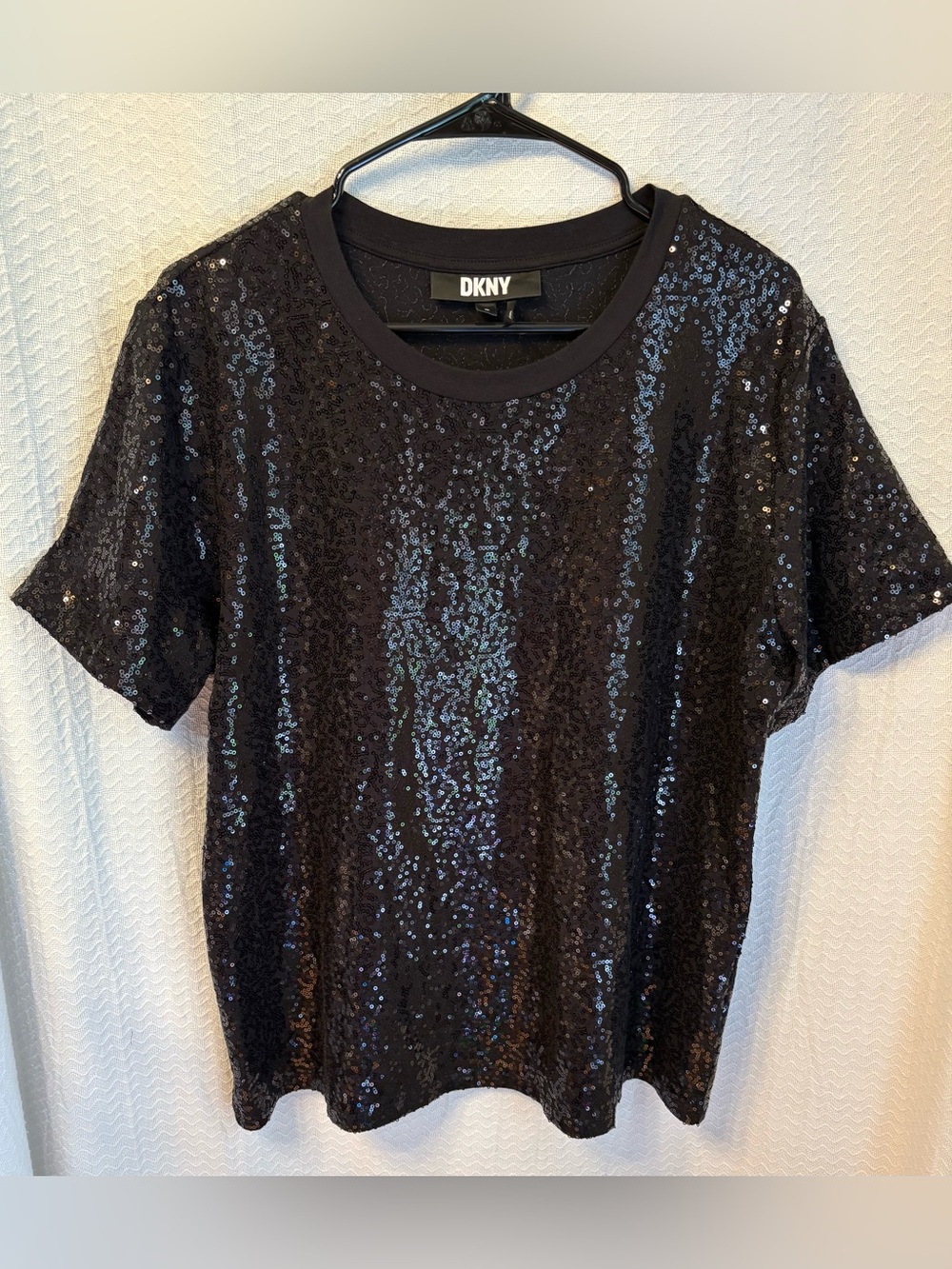DKNY short sleeved black sequin glam cocktail or Holiday party chic top Size XL